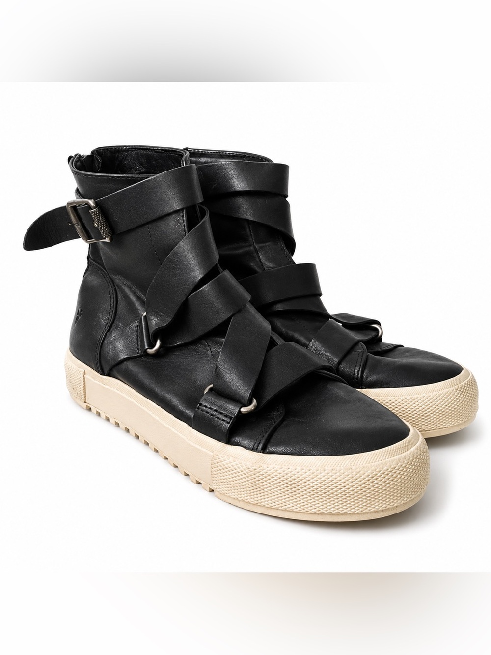 Frye Black Leather High-Top Sneakers with Cream Rubber Sole - Picture 3 of 12